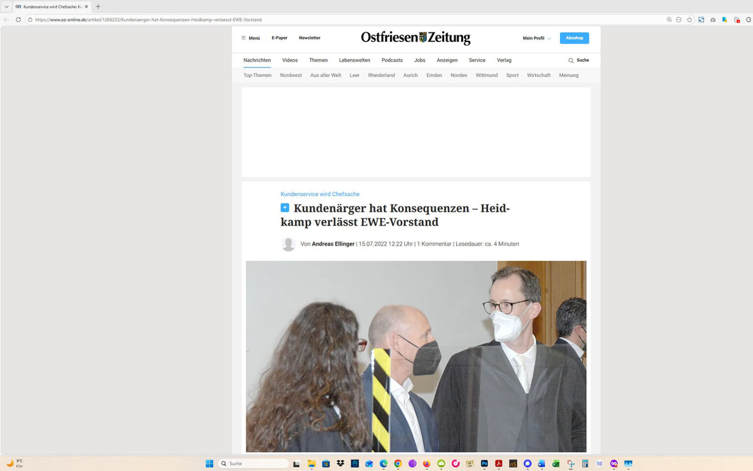 Der Artikel auf der Homepage der Ostfriesen-Zeitung. Screenshot: ewe-recherche.de