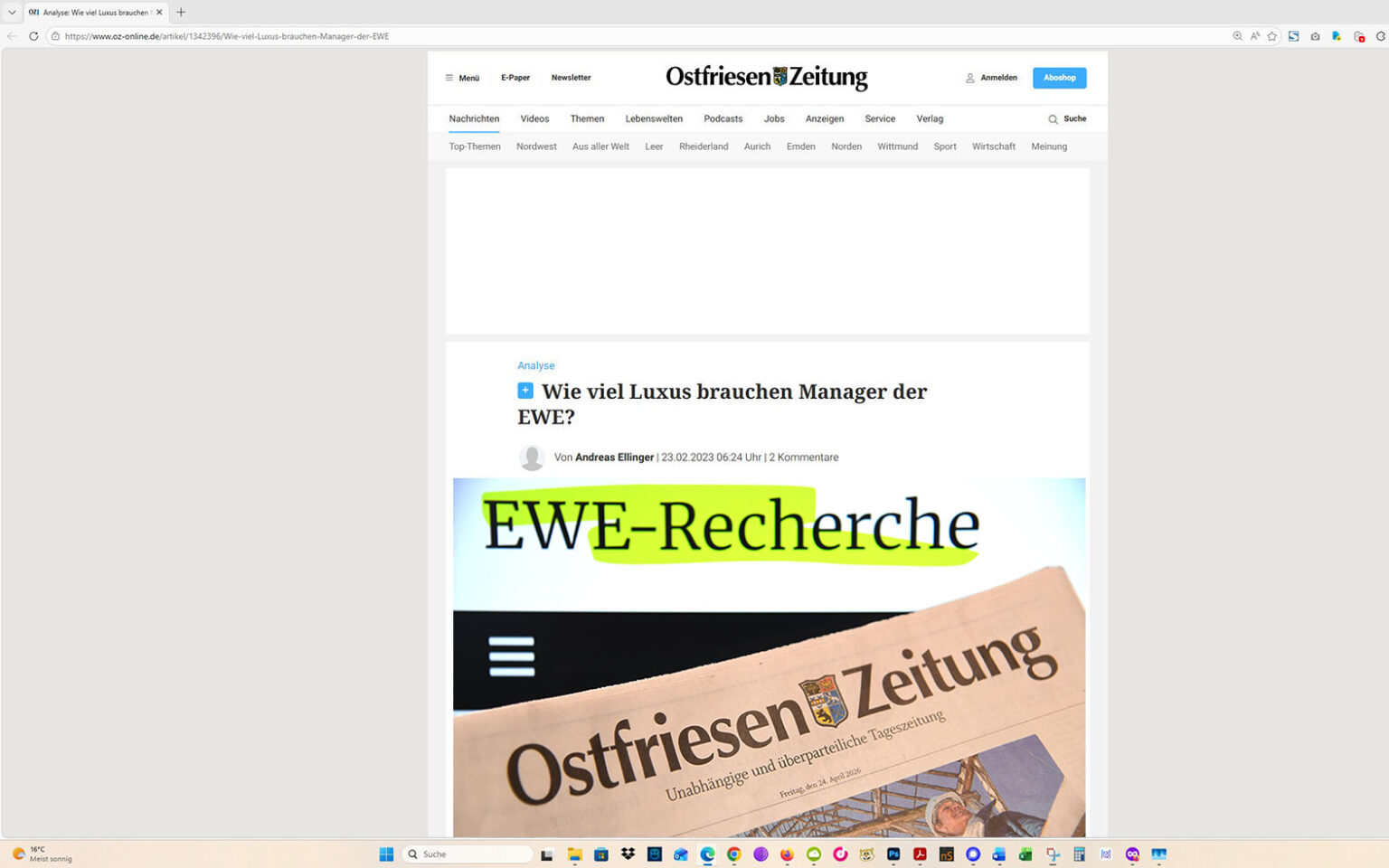 So entwickelte sich das Rercherche-Projekt: Ein Artikel auf der Homepage der Ostfriesen-Zeitung, mit eingeblocktem EWE-Recherche-Foto. Screenshot/Foto/Montage: ewe-recherche.de