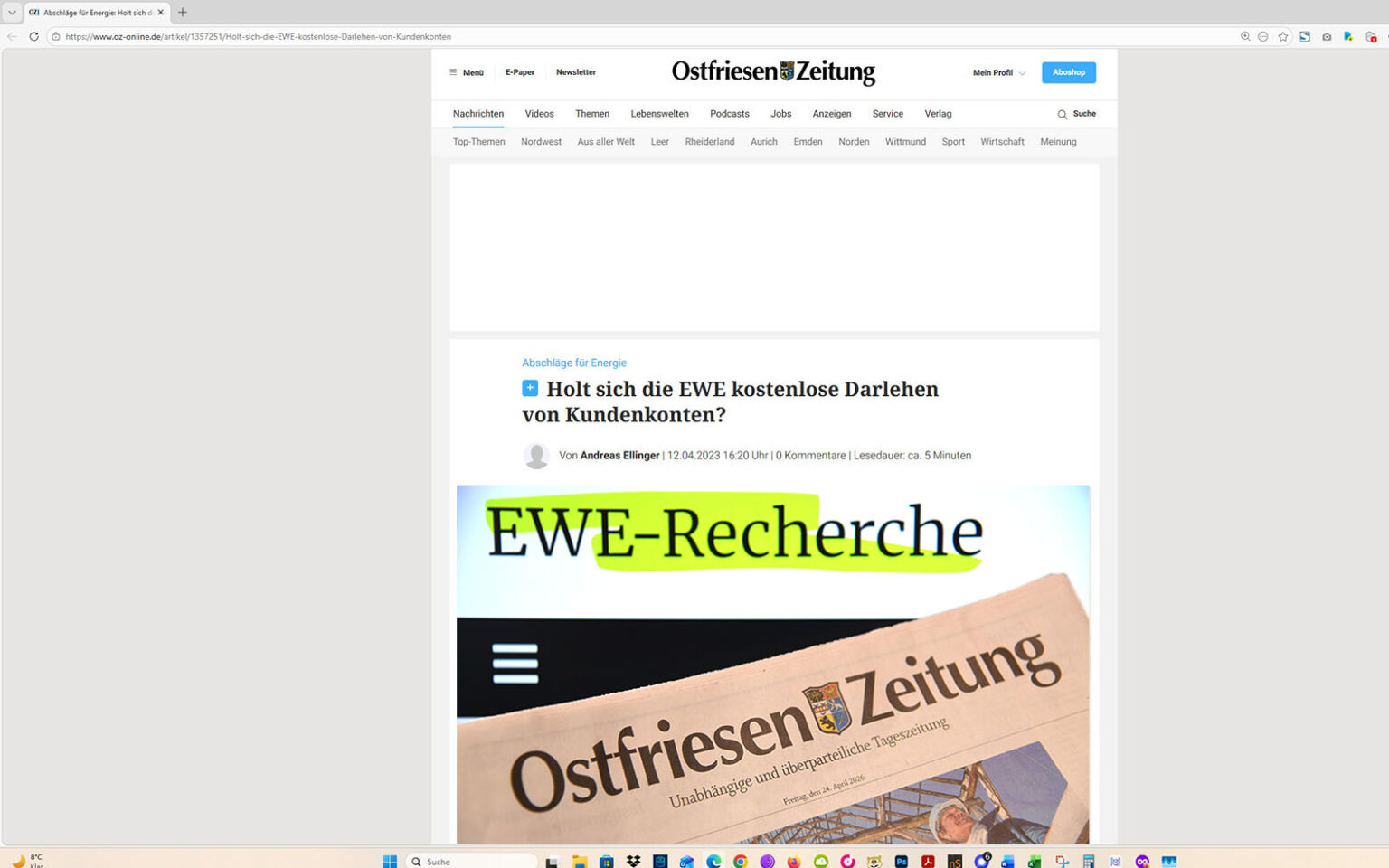 So entwickelte sich das Rercherche-Projekt: Ein Artikel auf der Homepage der Ostfriesen-Zeitung, mit eingeblocktem EWE-Recherche-Foto. Screenshot/Foto/Montage: ewe-recherche.de