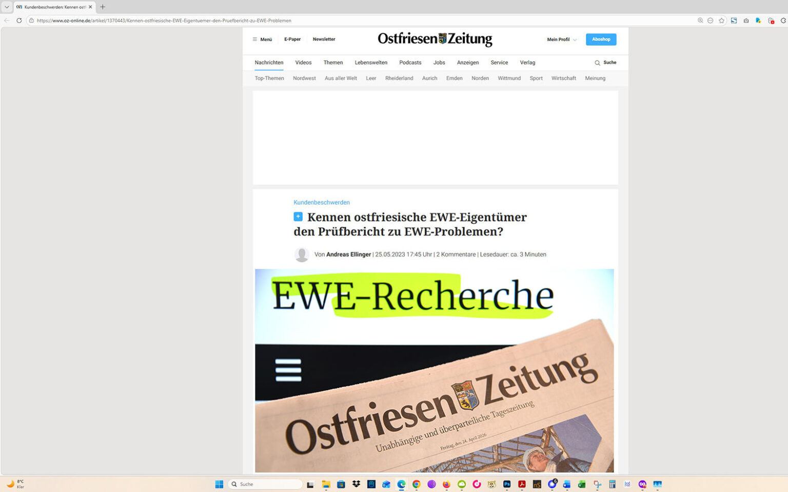 So entwickelte sich das Rercherche-Projekt: Ein Artikel auf der Homepage der Ostfriesen-Zeitung, mit eingeblocktem EWE-Recherche-Foto. Screenshot/Foto/Montage: ewe-recherche.de