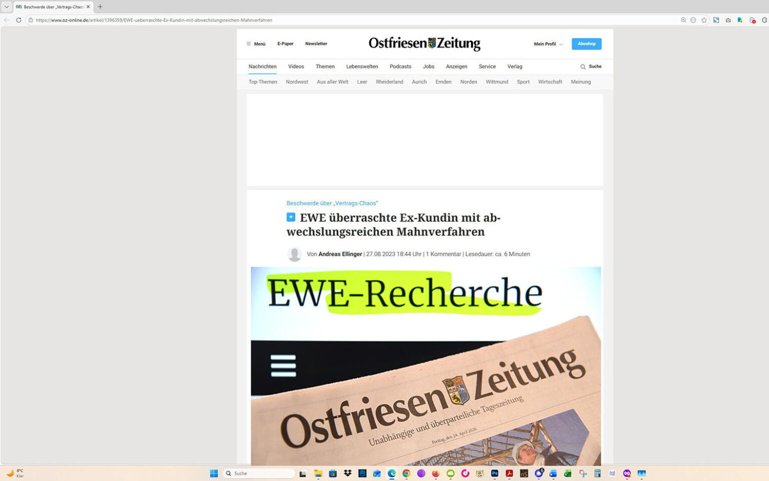 So entwickelte sich das Rercherche-Projekt: Ein Artikel auf der Homepage der Ostfriesen-Zeitung, mit eingeblocktem EWE-Recherche-Foto. Screenshot/Foto/Montage: ewe-recherche.de