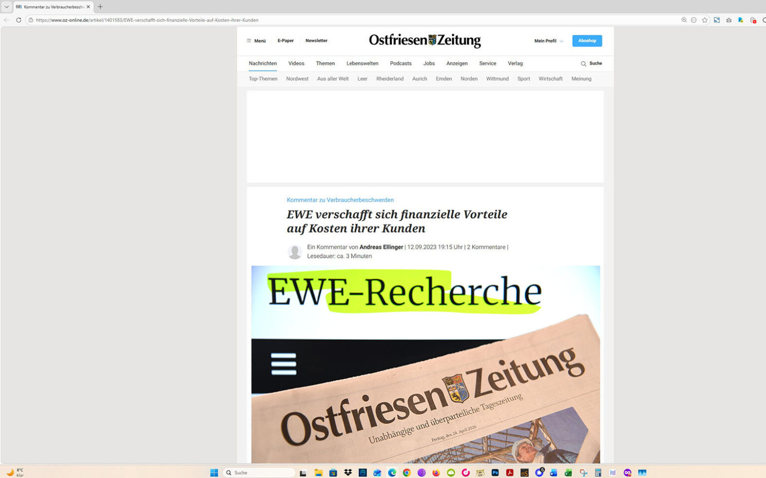 So entwickelte sich das Rercherche-Projekt: Ein Artikel auf der Homepage der Ostfriesen-Zeitung, mit eingeblocktem EWE-Recherche-Foto. Screenshot/Foto/Montage: ewe-recherche.de