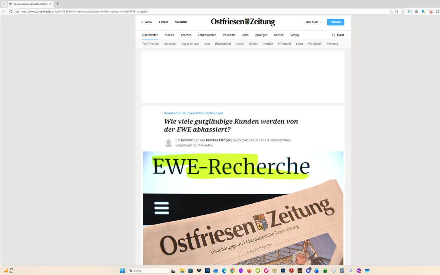 So entwickelte sich das Rercherche-Projekt: Ein Artikel auf der Homepage der Ostfriesen-Zeitung, mit eingeblocktem EWE-Recherche-Foto. Screenshot/Foto/Montage: ewe-recherche.de
