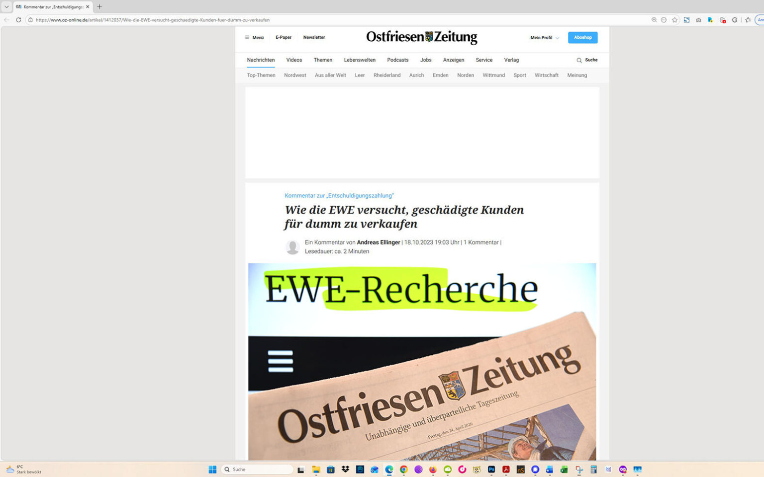 So entwickelte sich das Rercherche-Projekt: Ein Artikel auf der Homepage der Ostfriesen-Zeitung, mit eingeblocktem EWE-Recherche-Foto. Screenshot/Foto/Montage: ewe-recherche.de