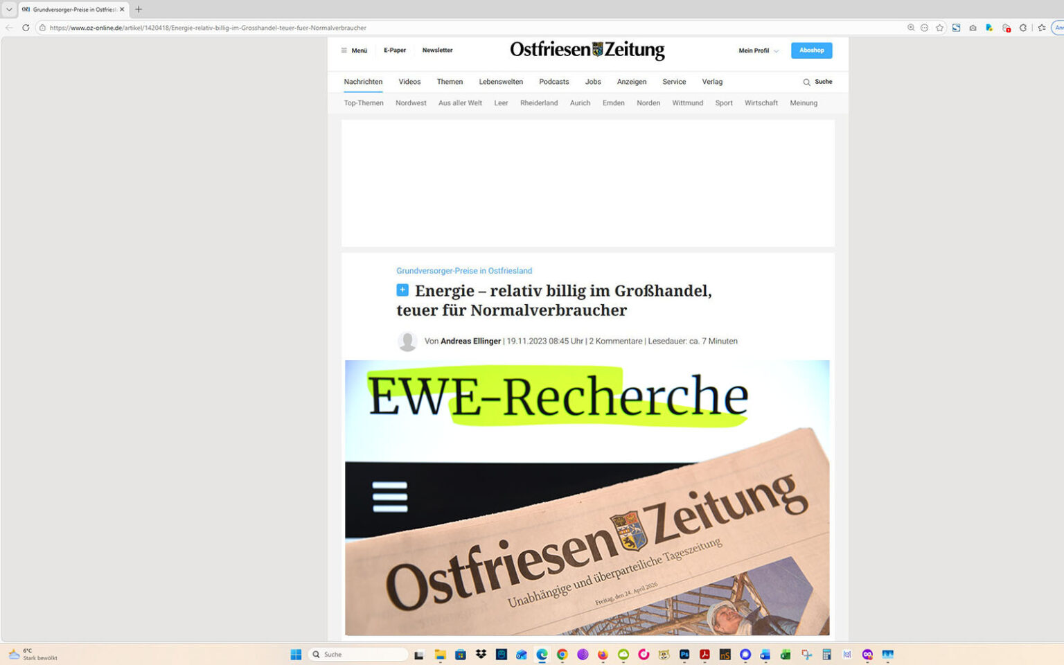 So entwickelte sich das Rercherche-Projekt: Ein Artikel auf der Homepage der Ostfriesen-Zeitung, mit eingeblocktem EWE-Recherche-Foto. Screenshot/Foto/Montage: ewe-recherche.de