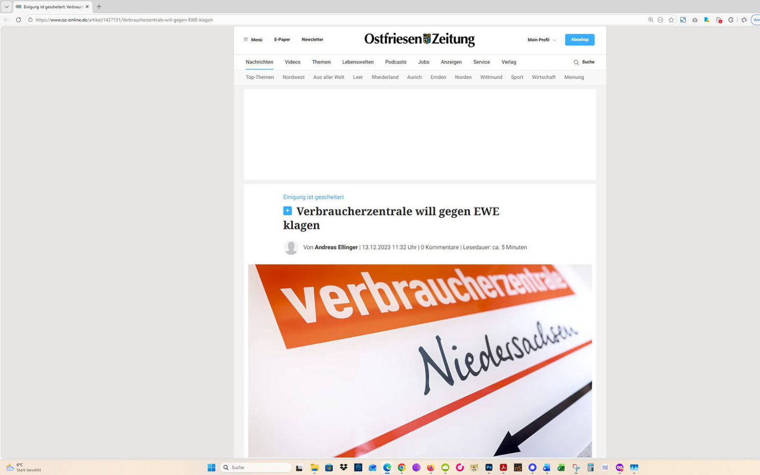 Der Artikel auf der Homepage der Ostfriesen-Zeitung. Screenshot: ewe-recherche.de