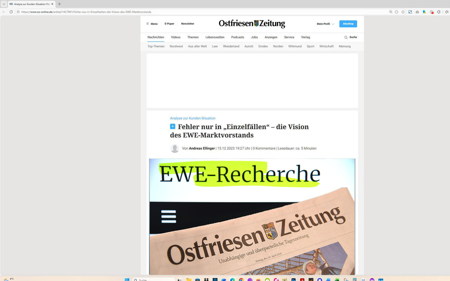 So entwickelte sich das Rercherche-Projekt: Ein Artikel auf der Homepage der Ostfriesen-Zeitung, mit eingeblocktem EWE-Recherche-Foto. Screenshot/Foto/Montage: ewe-recherche.de