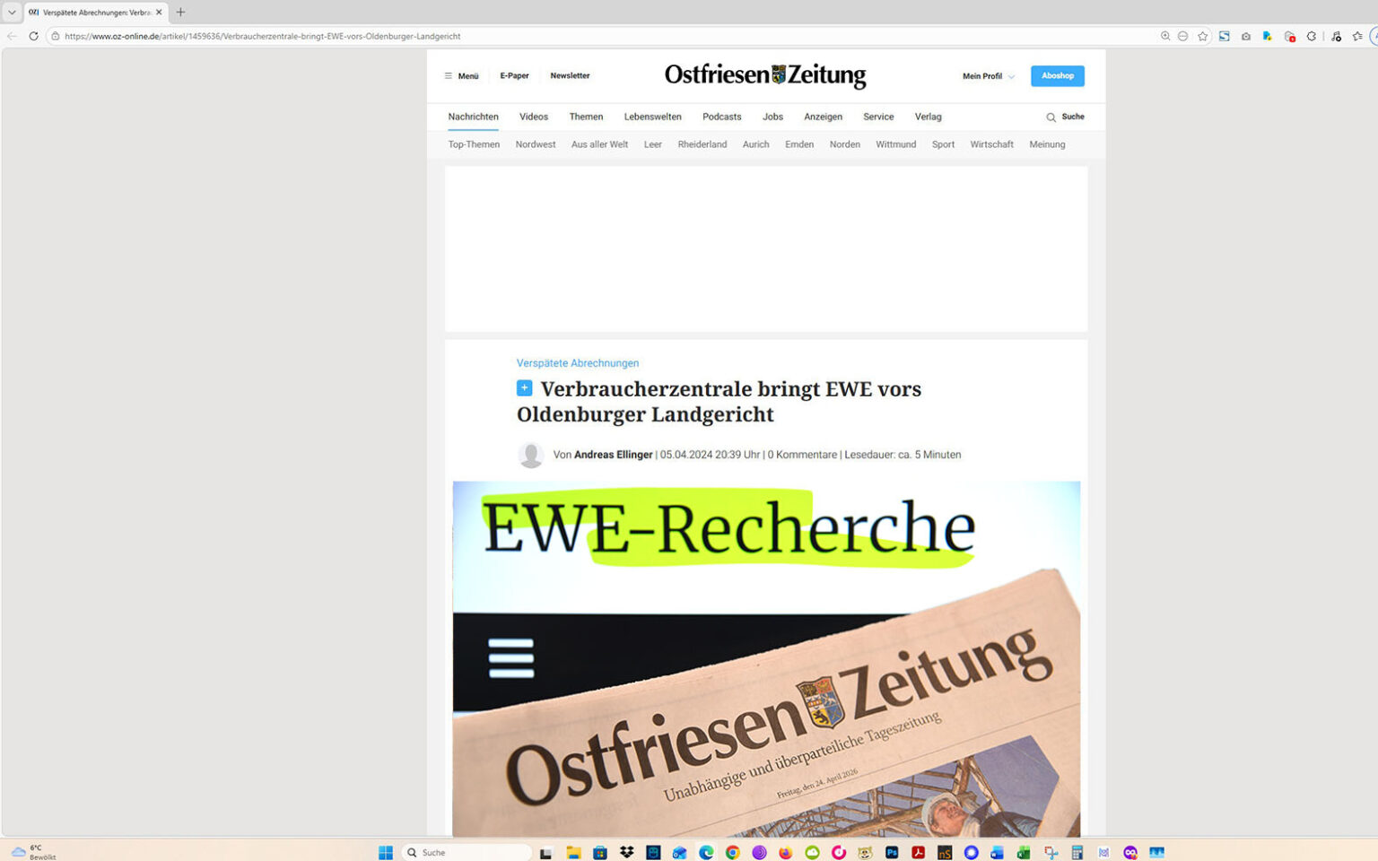 So entwickelte sich das Rercherche-Projekt: Ein Artikel auf der Homepage der Ostfriesen-Zeitung, mit eingeblocktem EWE-Recherche-Foto. Screenshot/Foto/Montage: ewe-recherche.de