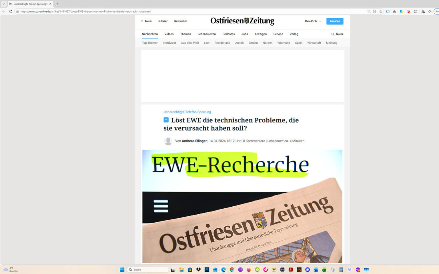 So entwickelte sich das Rercherche-Projekt: Ein Artikel auf der Homepage der Ostfriesen-Zeitung, mit eingeblocktem EWE-Recherche-Foto. Screenshot/Foto/Montage: ewe-recherche.de