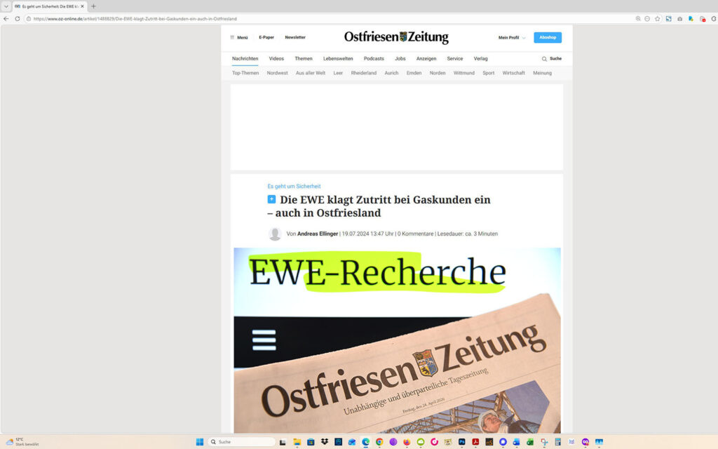 So entwickelte sich das Rercherche-Projekt: Ein Artikel auf der Homepage der Ostfriesen-Zeitung, mit eingeblocktem EWE-Recherche-Foto. Screenshot/Foto/Montage: ewe-recherche.de