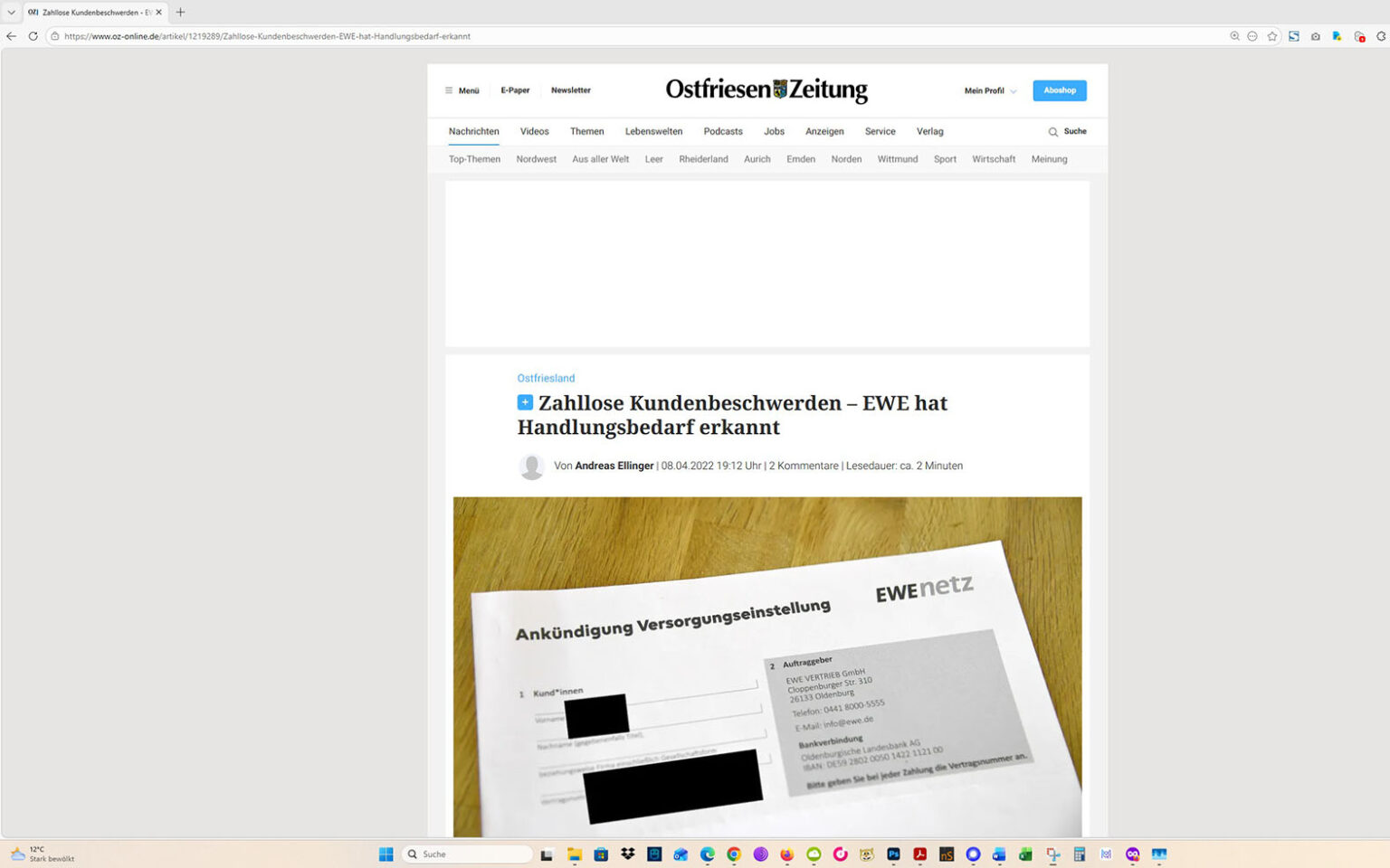 Der Artikel auf der Homepage der Ostfriesen-Zeitung. Screenshot: ewe-recherche.de
