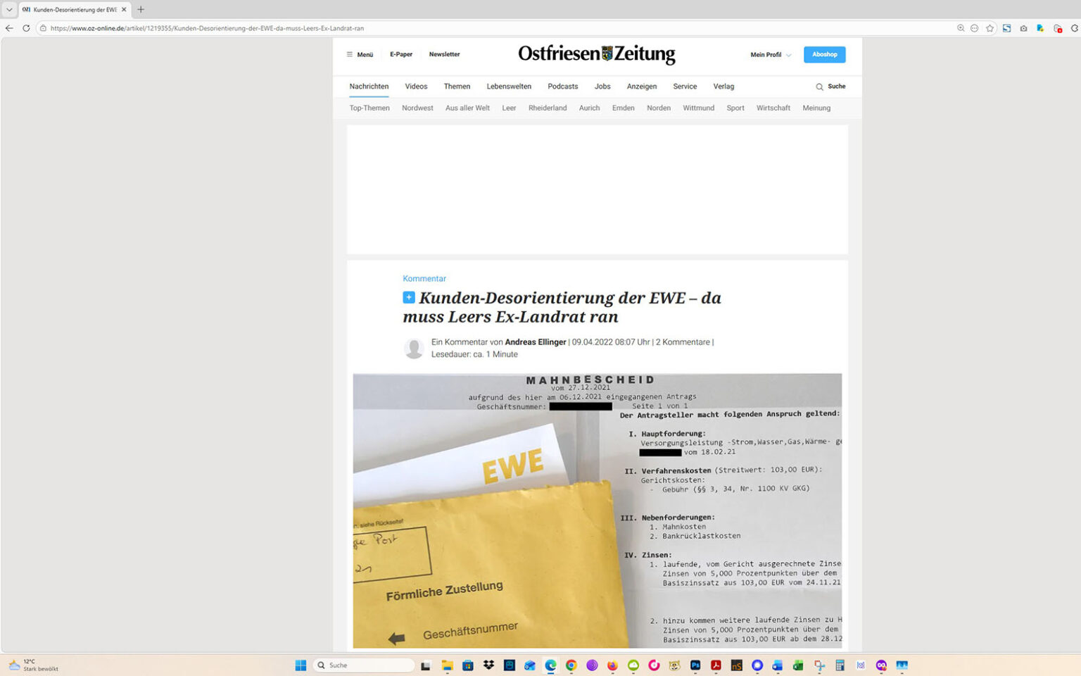 Der Artikel auf der Homepage der Ostfriesen-Zeitung. Screenshot: ewe-recherche.de