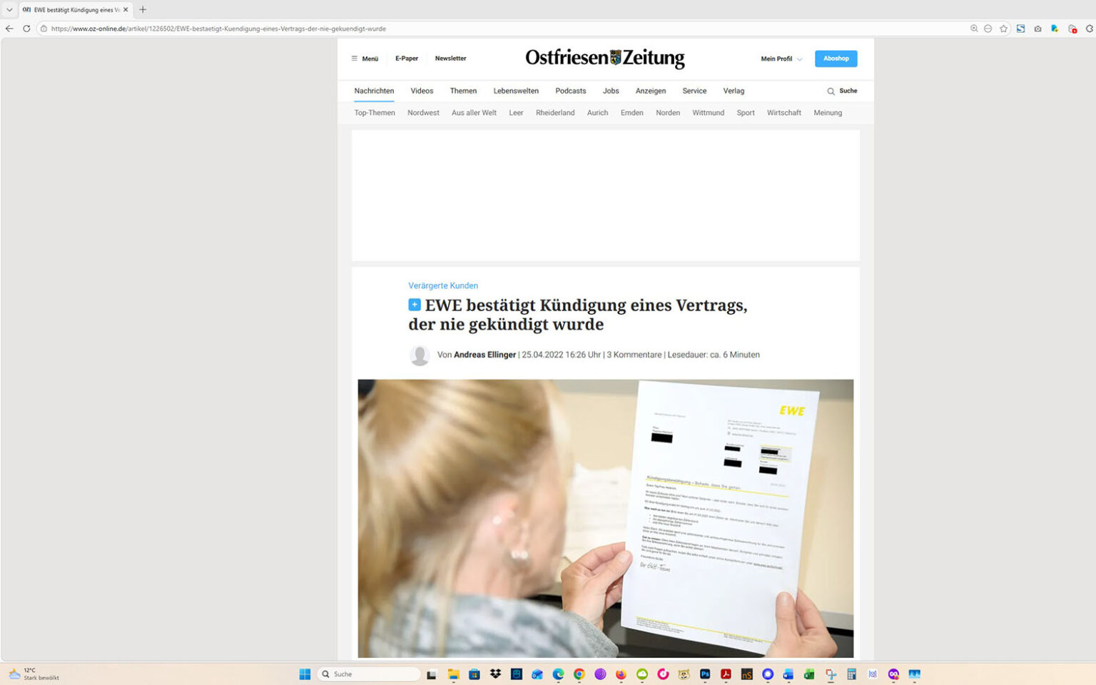 Der Artikel auf der Homepage der Ostfriesen-Zeitung. Screenshot: ewe-recherche.de