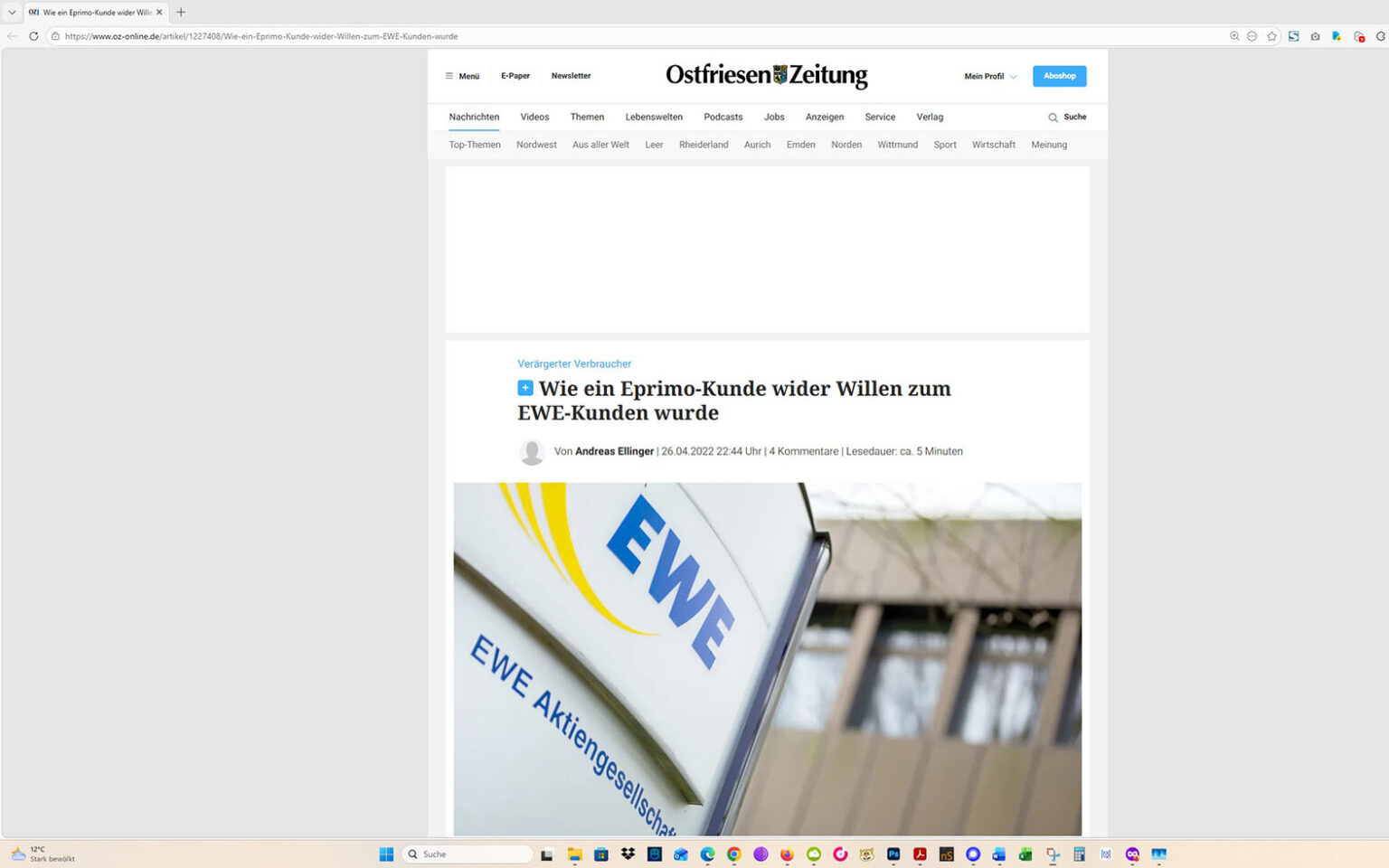 Der Artikel auf der Homepage der Ostfriesen-Zeitung. Screenshot: ewe-recherche.de