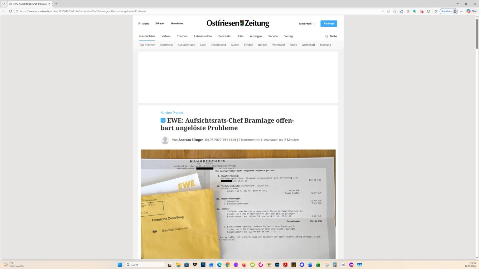 Der Artikel auf der Homepage der Ostfriesen-Zeitung. Screenshot: ewe-recherche.de