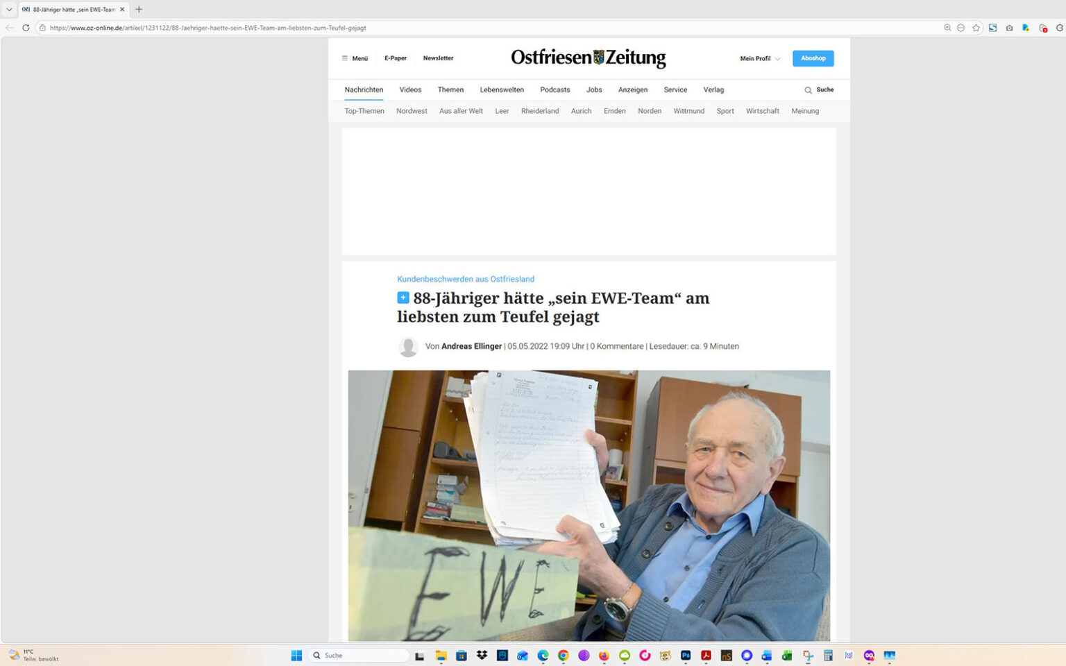 Der Artikel auf der Homepage der Ostfriesen-Zeitung. Screenshot: ewe-recherche.de