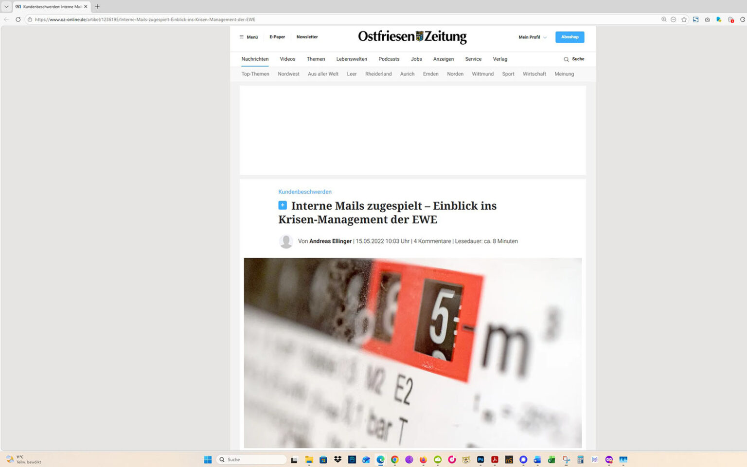 Der Artikel auf der Homepage der Ostfriesen-Zeitung. Screenshot: ewe-recherche.de