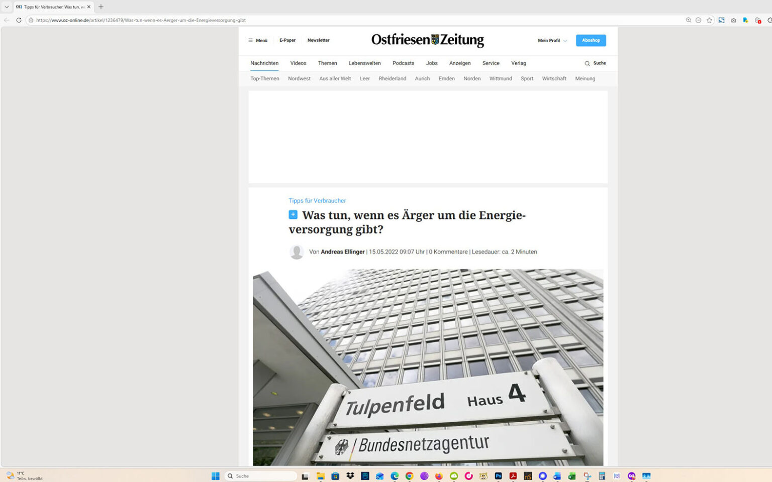Der Artikel auf der Homepage der Ostfriesen-Zeitung. Screenshot: ewe-recherche.de