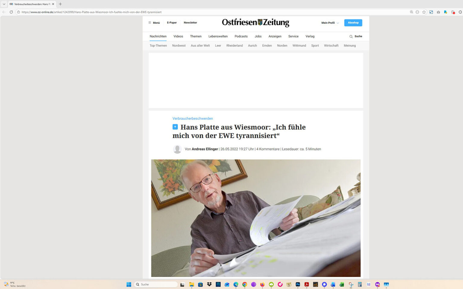 Der Artikel auf der Homepage der Ostfriesen-Zeitung. Screenshot: ewe-recherche.de