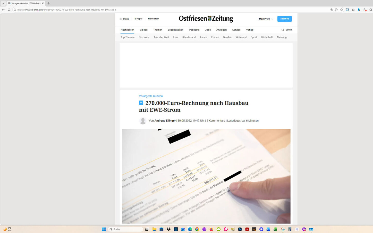 Der Artikel auf der Homepage der Ostfriesen-Zeitung. Screenshot: ewe-recherche.de