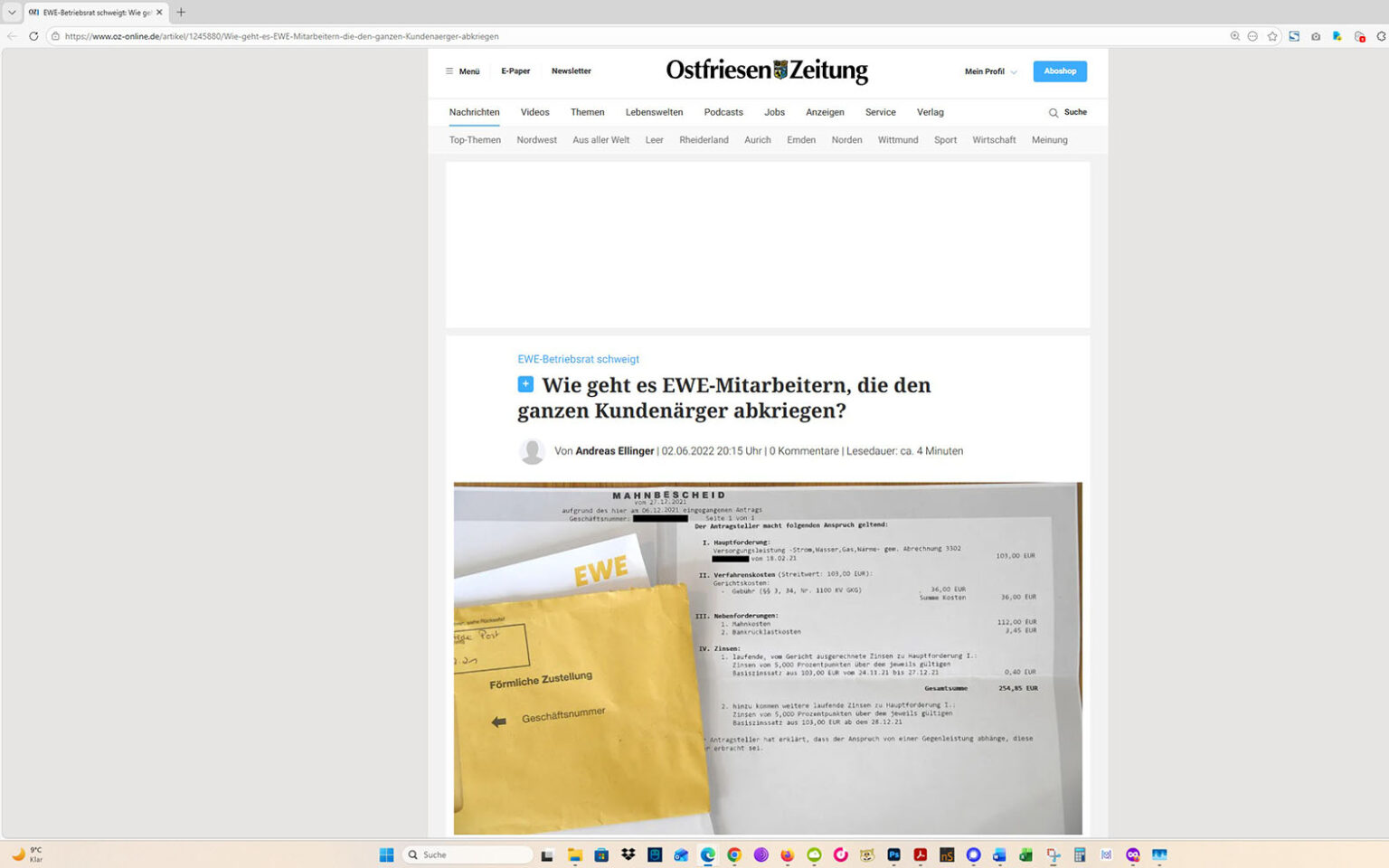 Der Artikel auf der Homepage der Ostfriesen-Zeitung. Screenshot: ewe-recherche.de