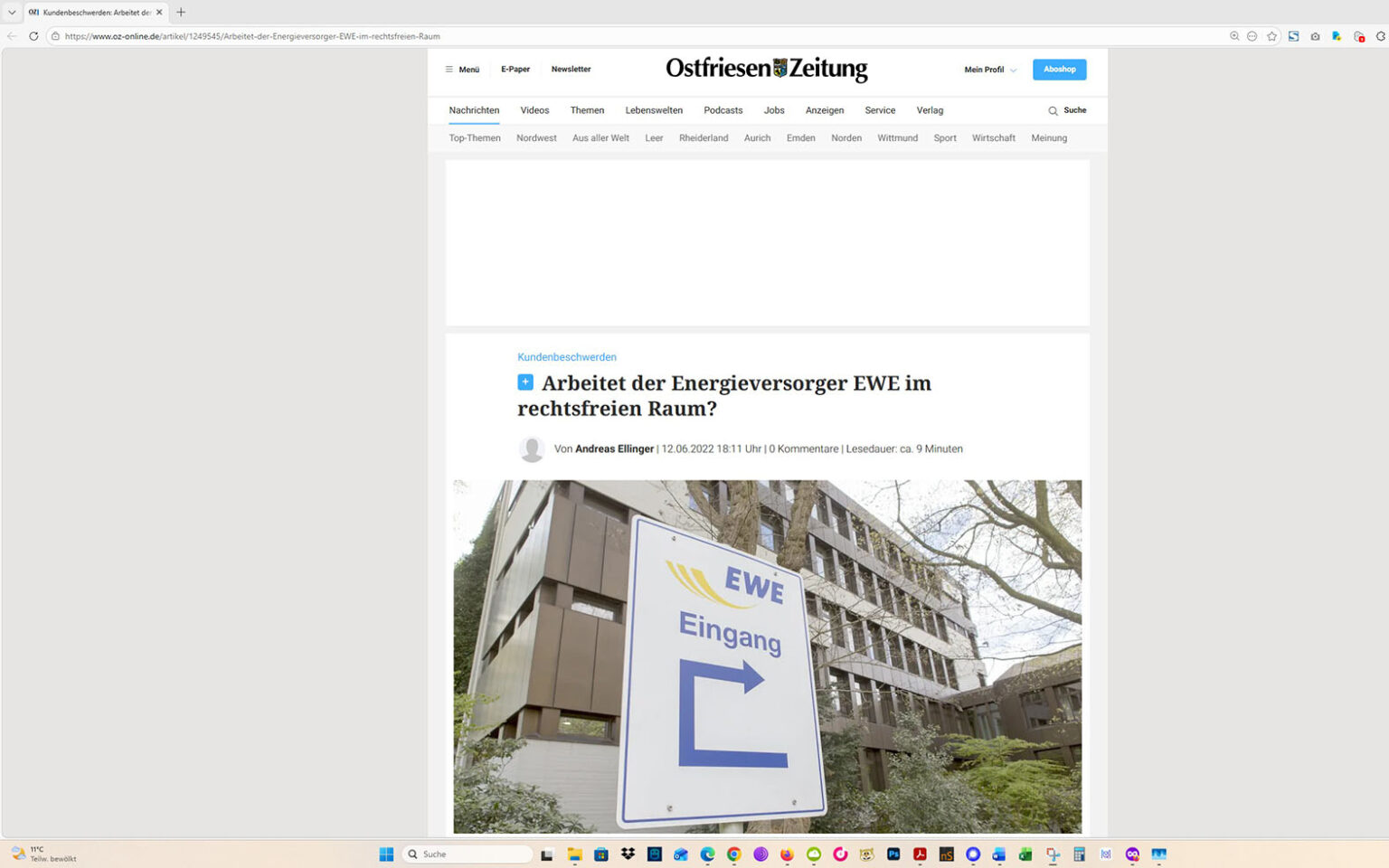 Der Artikel auf der Homepage der Ostfriesen-Zeitung. Screenshot: ewe-recherche.de