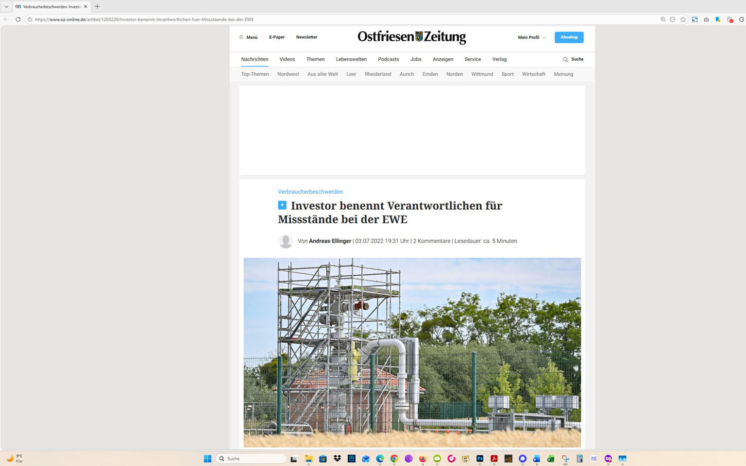 Der Artikel auf der Homepage der Ostfriesen-Zeitung. Screenshot: ewe-recherche.de
