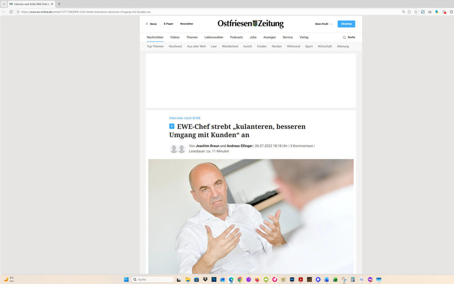 Der Artikel auf der Homepage der Ostfriesen-Zeitung. Screenshot: ewe-recherche.de