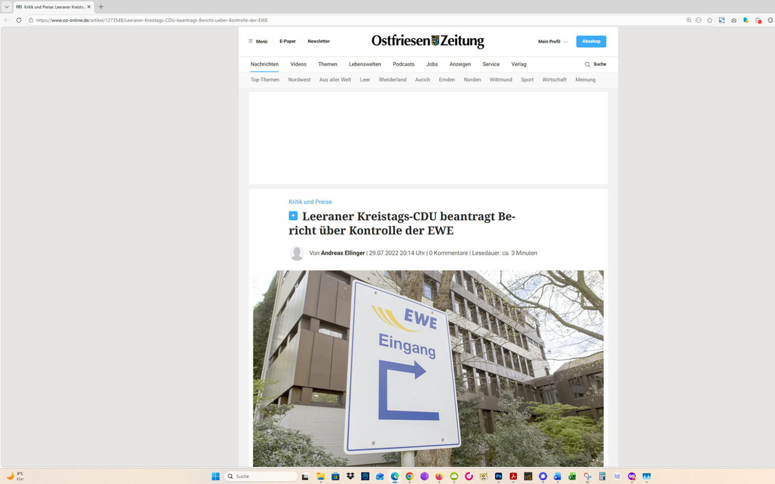 Der Artikel auf der Homepage der Ostfriesen-Zeitung. Screenshot: ewe-recherche.de