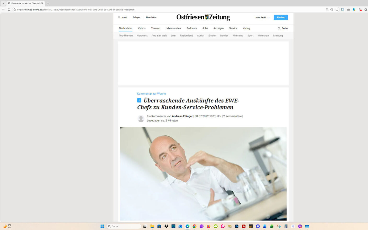 Der Artikel auf der Homepage der Ostfriesen-Zeitung. Screenshot: ewe-recherche.de