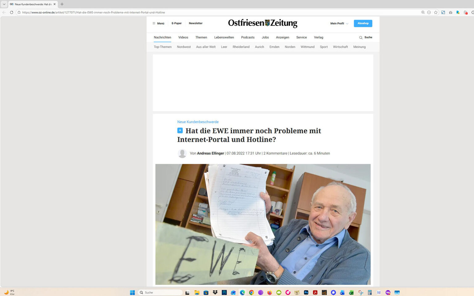 Der Artikel auf der Homepage der Ostfriesen-Zeitung. Screenshot: ewe-recherche.de