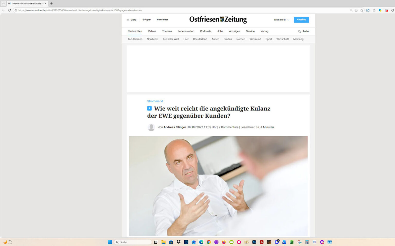 Der Artikel auf der Homepage der Ostfriesen-Zeitung. Screenshot: ewe-recherche.de