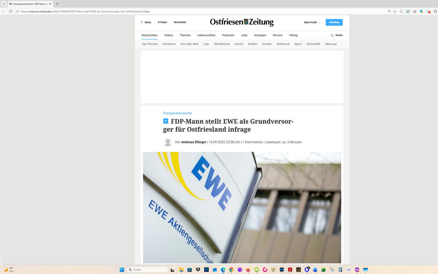 Der Artikel auf der Homepage der Ostfriesen-Zeitung. Screenshot: ewe-recherche.de