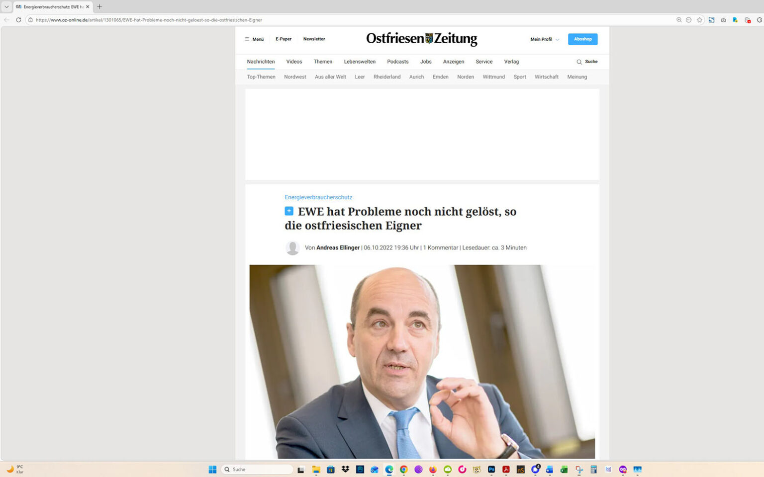 Der Artikel auf der Homepage der Ostfriesen-Zeitung. Screenshot: ewe-recherche.de