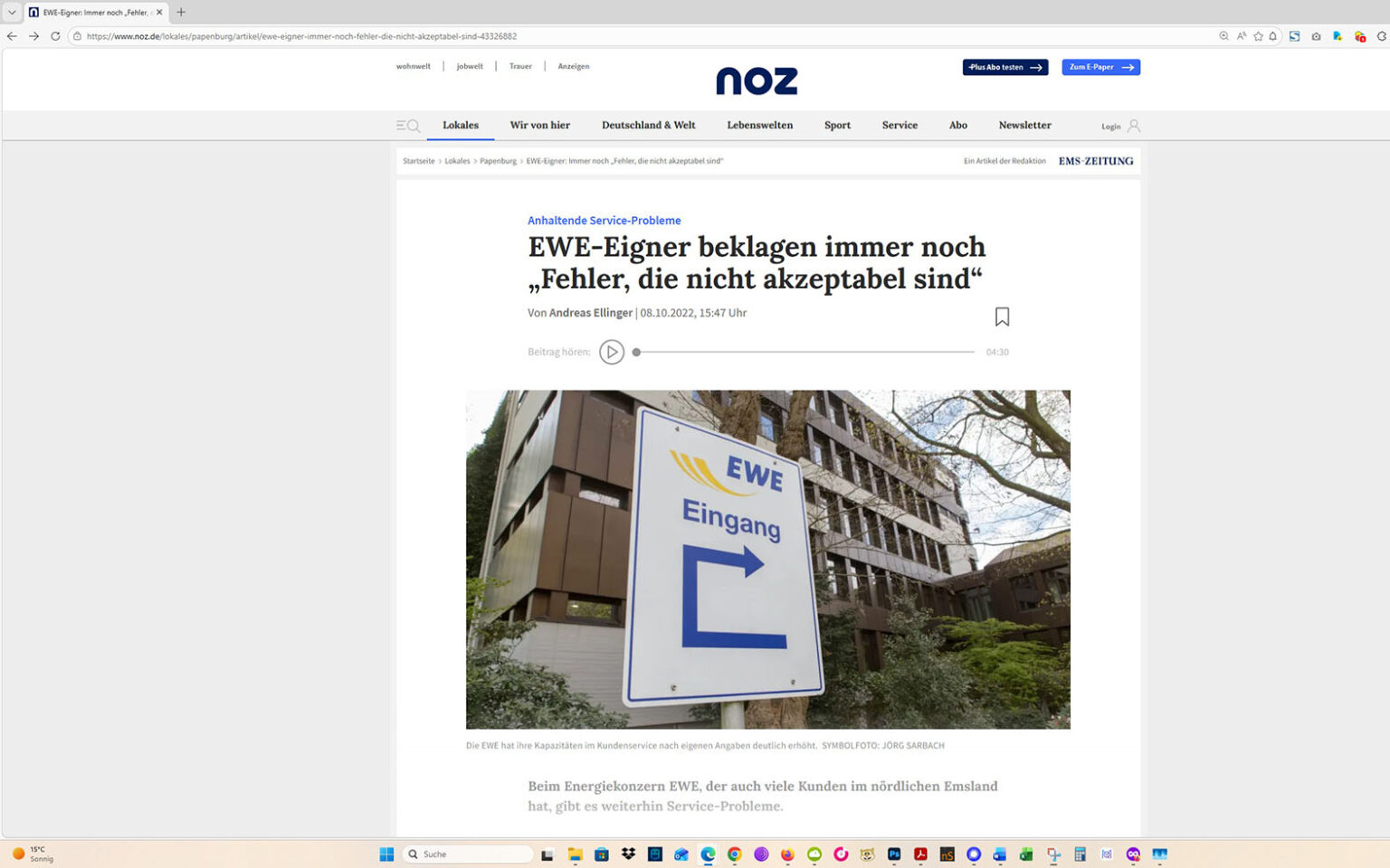 Der Artikel auf der Homepage der Neuen Osnabrücker Zeitung. Screenshot: ewe-recherche.de