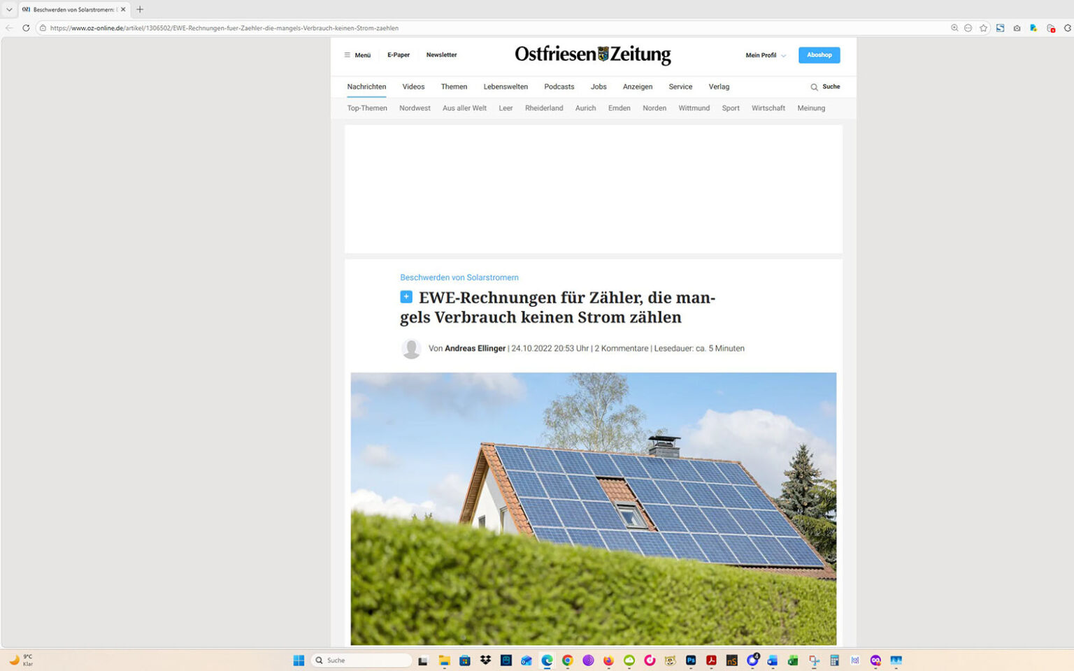 Der Artikel auf der Homepage der Ostfriesen-Zeitung. Screenshot: ewe-recherche.de