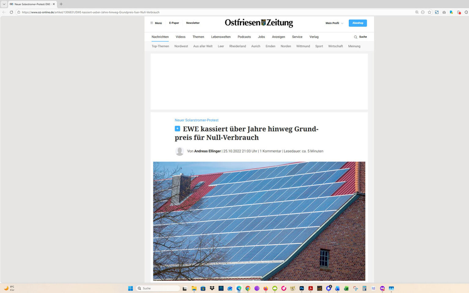 Der Artikel auf der Homepage der Ostfriesen-Zeitung. Screenshot: ewe-recherche.de
