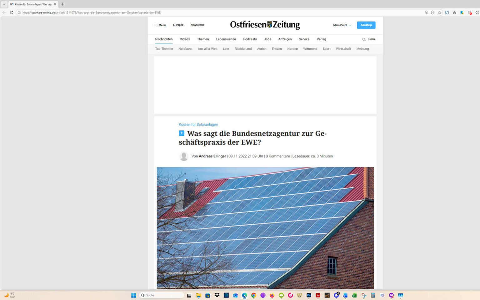 Der Artikel auf der Homepage der Ostfriesen-Zeitung. Screenshot: ewe-recherche.de
