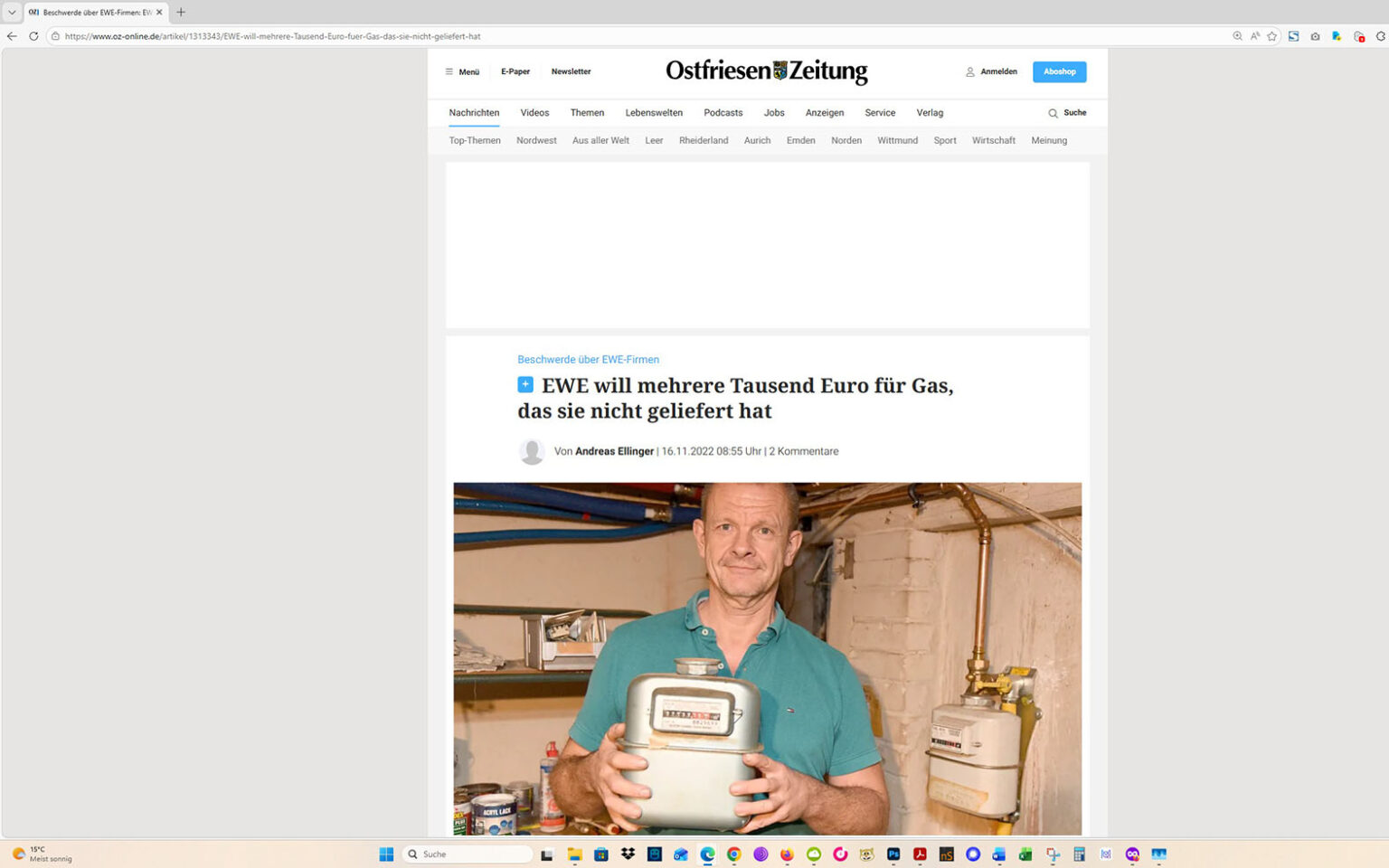 Der Artikel auf der Homepage der Ostfriesen-Zeitung. Screenshot: ewe-recherche.de