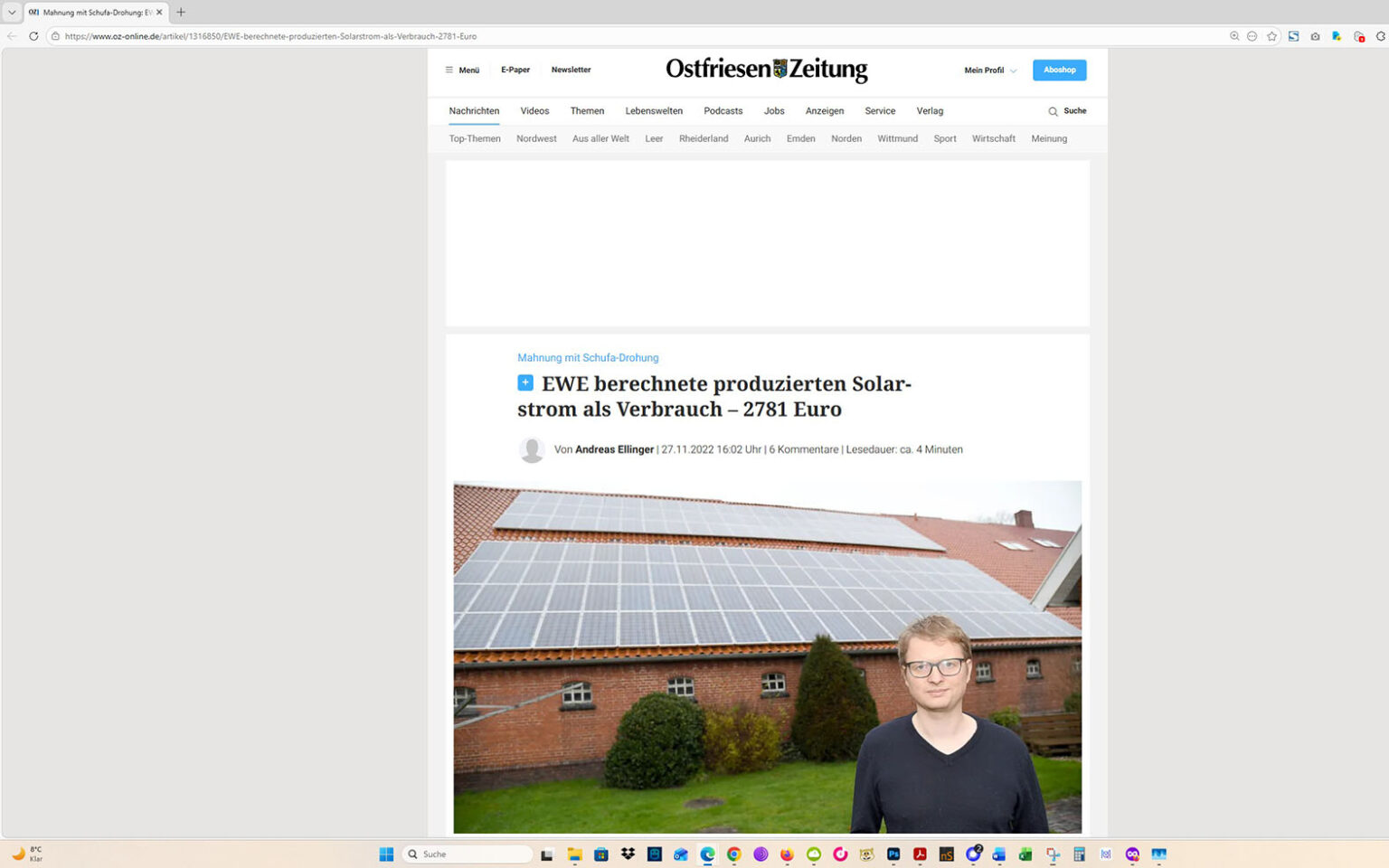 Der Artikel auf der Homepage der Ostfriesen-Zeitung. Screenshot: ewe-recherche.de