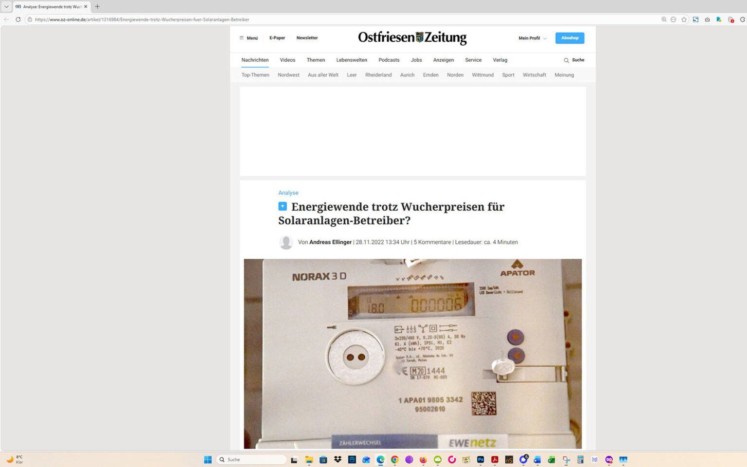 Der Artikel auf der Homepage der Ostfriesen-Zeitung. Screenshot: ewe-recherche.de