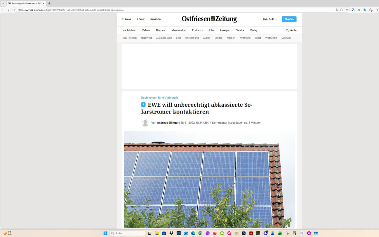 Der Artikel auf der Homepage der Ostfriesen-Zeitung. Screenshot: ewe-recherche.de