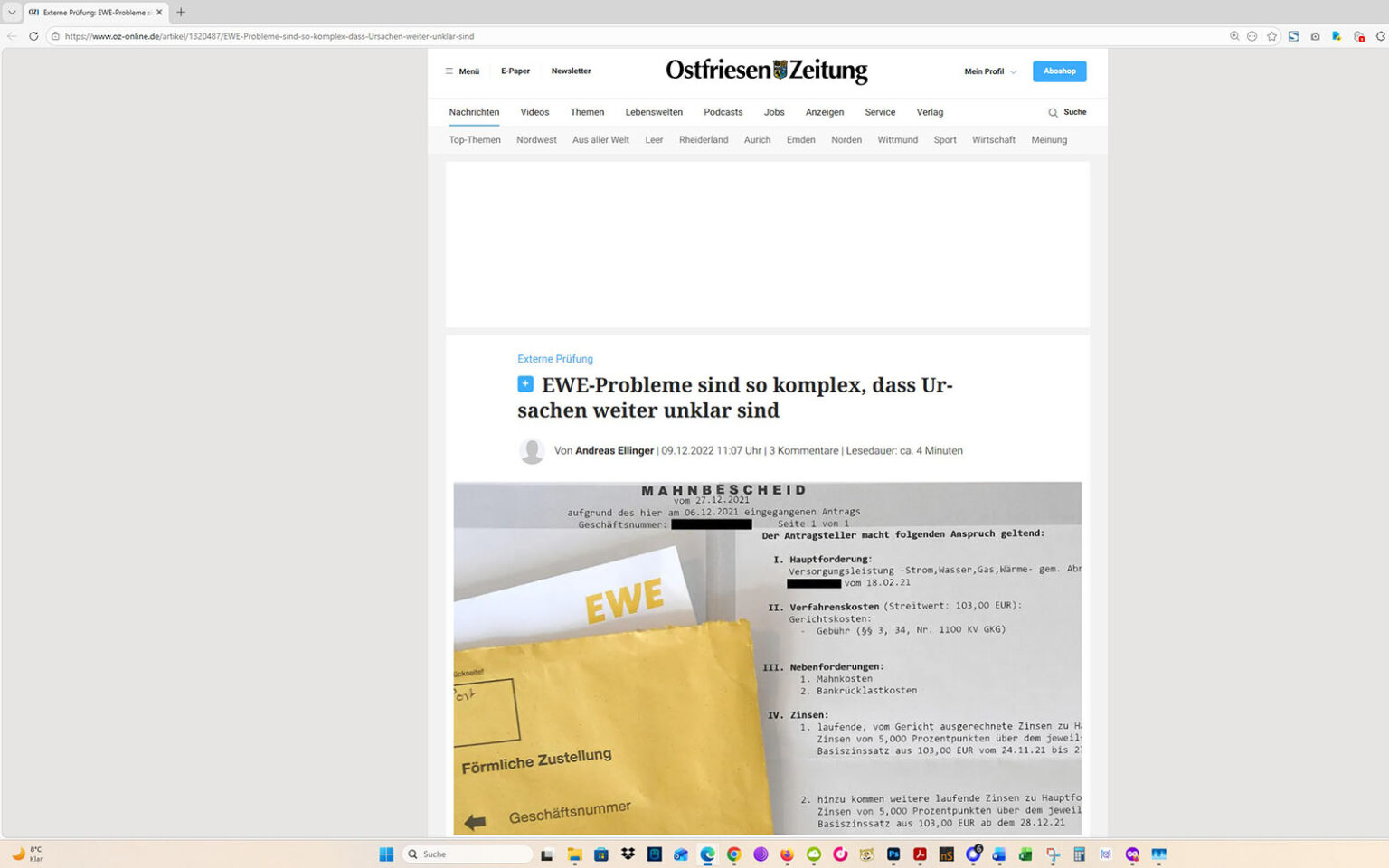 Der Artikel auf der Homepage der Ostfriesen-Zeitung. Screenshot: ewe-recherche.de