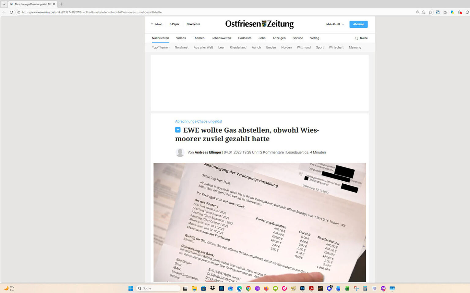 Der Artikel auf der Homepage der Ostfriesen-Zeitung. Screenshot: ewe-recherche.de