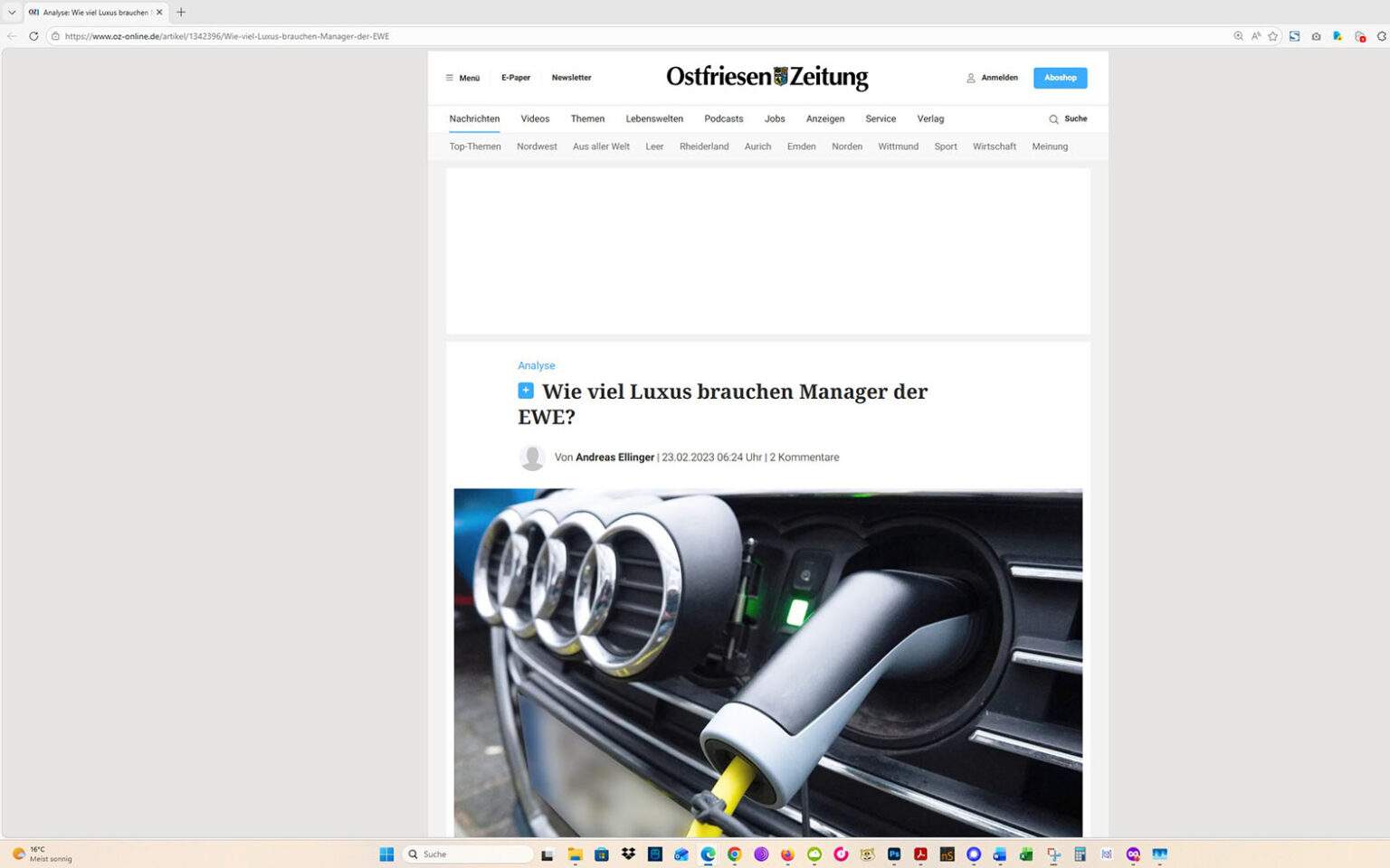 Der Artikel auf der Homepage der Ostfriesen-Zeitung. Screenshot: ewe-recherche.de