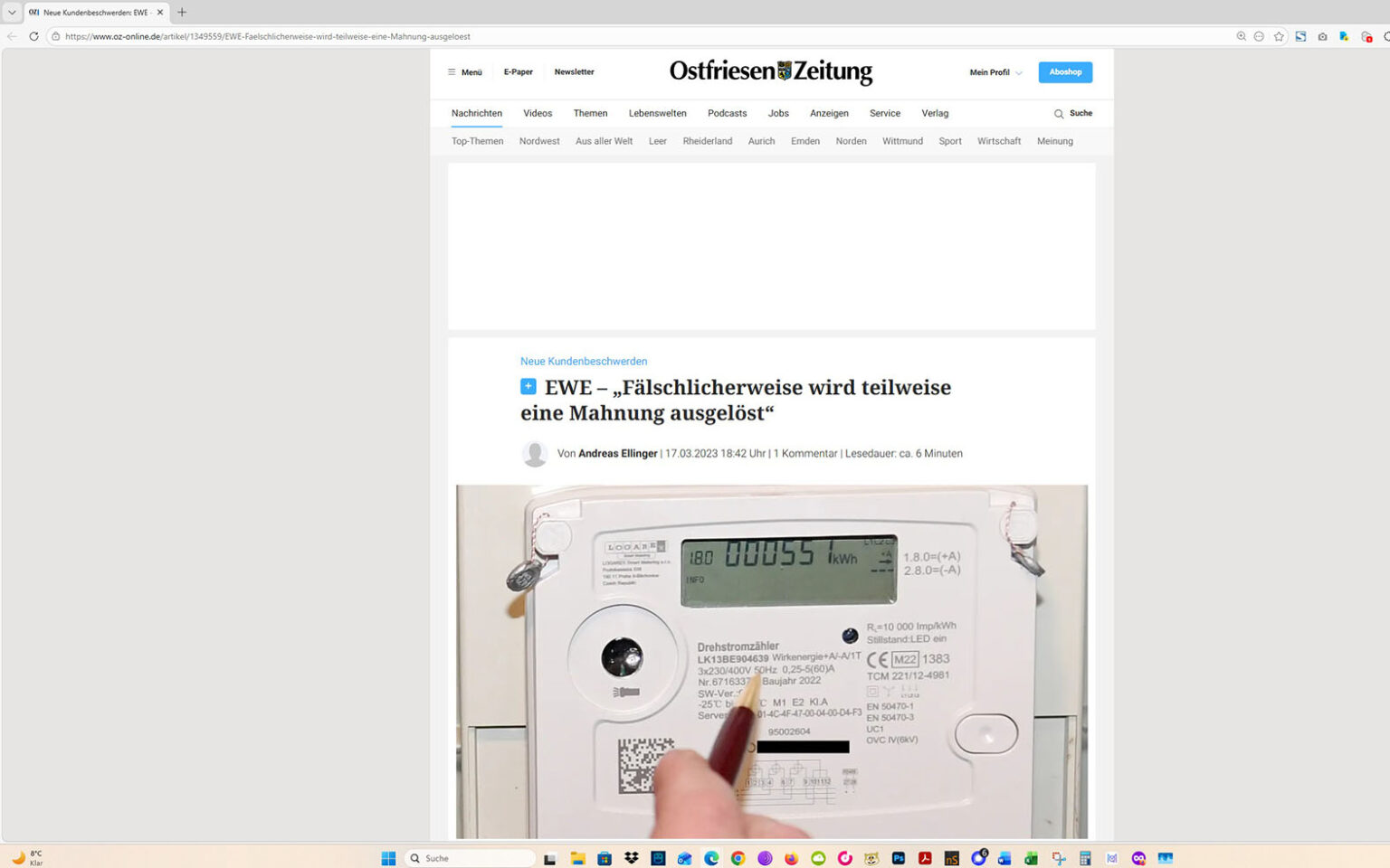 Der Artikel auf der Homepage der Ostfriesen-Zeitung. Screenshot: ewe-recherche.de