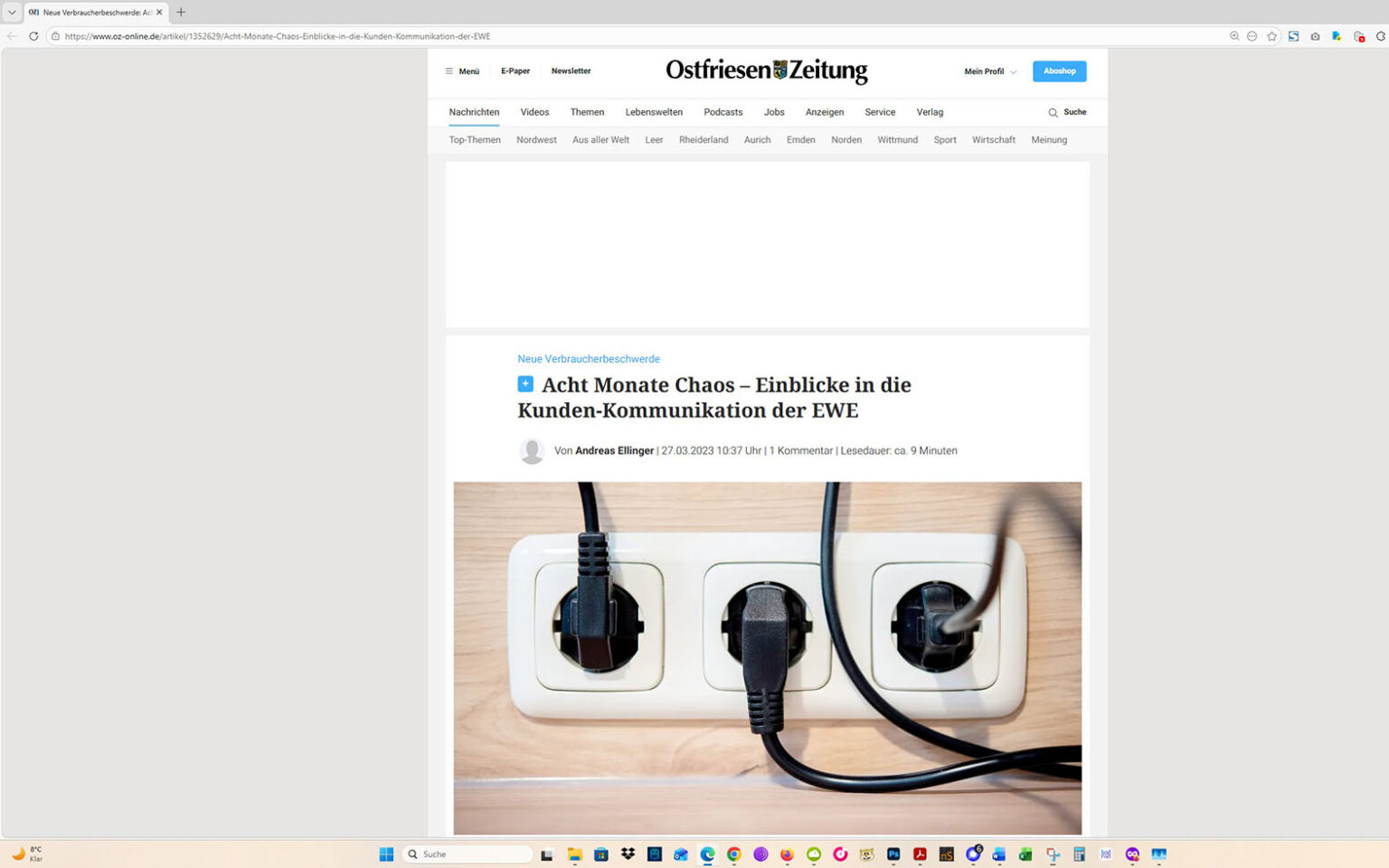 Der Artikel auf der Homepage der Ostfriesen-Zeitung. Screenshot: ewe-recherche.de