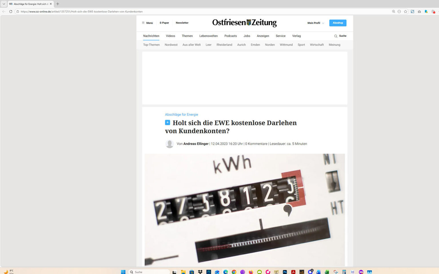 Der Artikel auf der Homepage der Ostfriesen-Zeitung. Screenshot: ewe-recherche.de