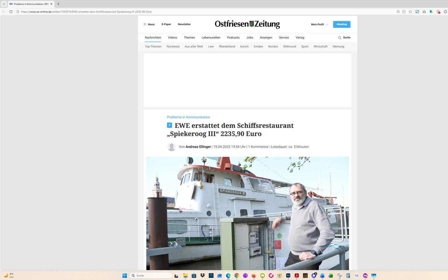 Der Artikel auf der Homepage der Ostfriesen-Zeitung. Screenshot: ewe-recherche.de