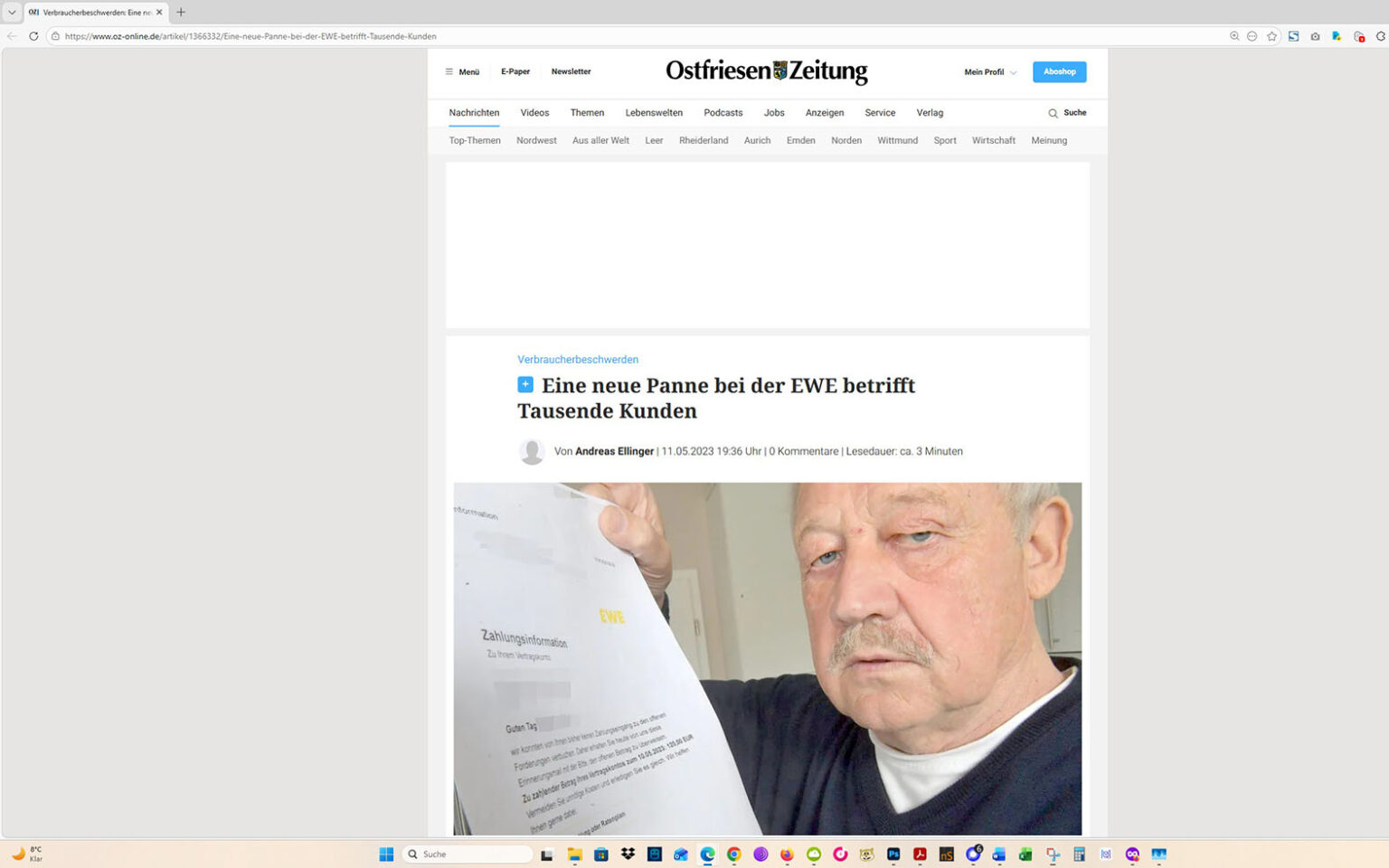 Der Artikel auf der Homepage der Ostfriesen-Zeitung. Screenshot: ewe-recherche.de